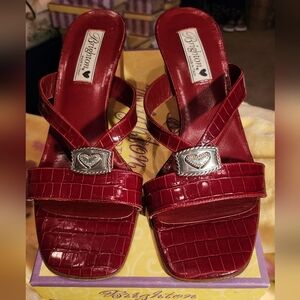 Brighton 9 RED CROC EMBOSSED LEATHER "TORINO" 2.5" Heel Slide Sandal w/Box EUC